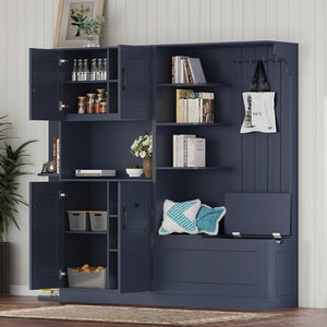 English Elm Multifunctional Modular Hall Tree Cabinet with Open Shelves and Hooks for Entryway Antique Blue W1580S00520