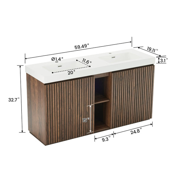 English Elm Emilia 60 Inch Freestanding Oak Vanity with Ceramic Sink and Soft Close Drawers Walnut Brown W1865S00243