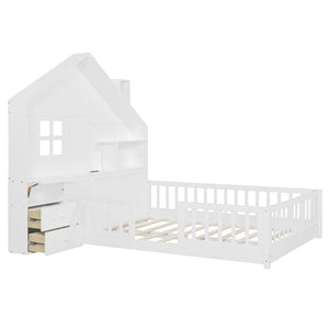English Elm Full Size House Bed White Wood Frame with Drawers Shelves and Built in Usb Charging LT000423AAK-1