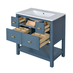 English Elm 30'' Bathroom Vanity with Ceramic Sink, Solid Wood Frame Freestanding Cabinet with 5 Drawers, Gold Knobs and Smooth Slide Rails Blue N710P247488C