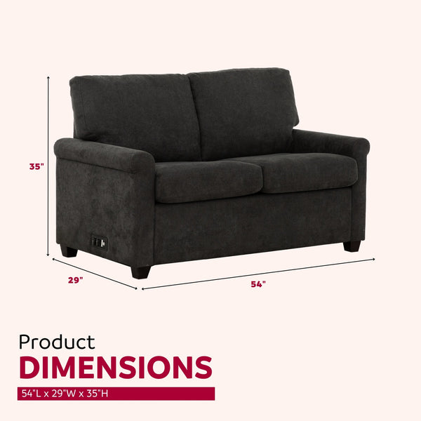 English Elm Convertible Twin Sleeper Sofa with USB Ports — Dark Gray 54" Compact 2-Seater Sofa Bed with Pocket Springs, Linen Upholstery & Side Outlet for Small Spaces B011P198404