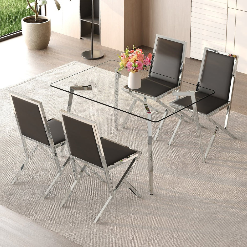 English Elm Table and Chair Set Tempered Glass Top with Silver Metal Legs Modern Luxury Dining for Four Black+Silver,Transparent W1151S04786