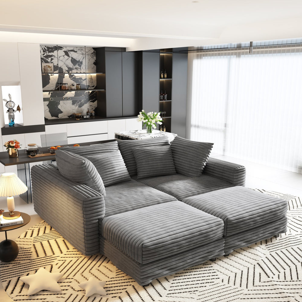 English Elm 102.4" Plush Corduroy 4-Seat Sofa - Modern Comfort With Deep Seats, Ottomans & Convertible Lounge Design W1885S00111