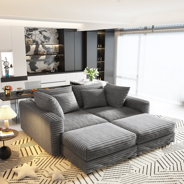 English Elm 102.4" Plush Corduroy 4-Seat Sofa - Modern Comfort With Deep Seats, Ottomans & Convertible Lounge Design W1885S00111