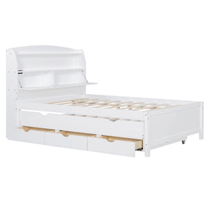 English Elm Full Size Wooden Led Platform Bed With Trundle, Storage Headboard, Usb Ports, And Drawers In White N820S10009K