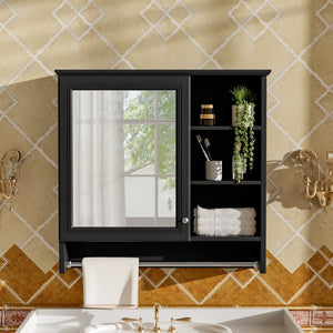 English Elm 30 Inch Wall Mount Mirror Cabinet Mdf Storage with Soft Close Hinges Bathroom Vanity Black N710P186086B