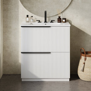 English Elm Christopher Knight Home® - 30" Elegant Freestanding Bathroom Vanity With Ceramic Sink, Soft-Close Drawers & Fluted Design N817P288915W