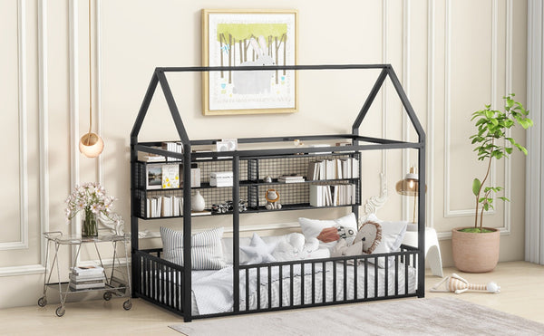 English Elm Twin House Frame Bed Powder Coated Steel with Built in Shelves for Kids Room N737P175360B
