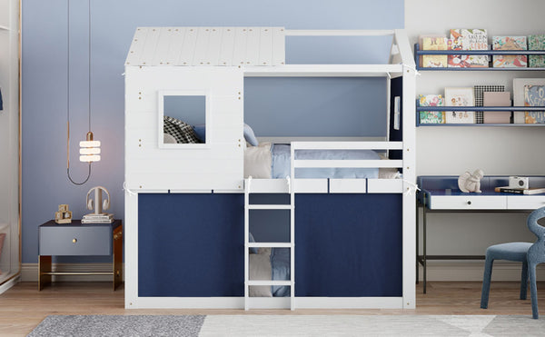 English Elm Twin Treehouse Bunk Bed Solid Pine Playhouse Frame with Cozy Canvas Tent Hideaway LT000379AAC-1
