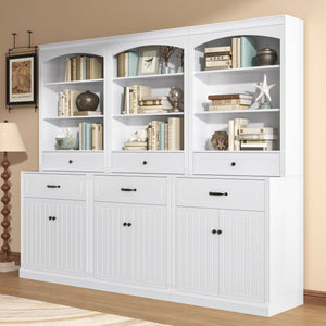 English Elm White Bathroom Storage Cabinet with Zinc Knob Doors, 4 Drawers, 6 Open Shelves & Adjustable Tiers for Organized Space (63"x10.8"x78.7") N725S252486K