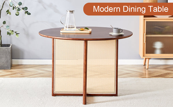 English Elm Chinese Solid Wood Round Table - Rustic Walnut Finish With Imitation Rattan | Versatile & Easy Assembly! W1151P154828