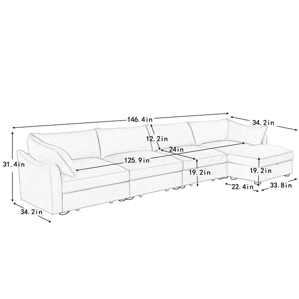 English Elm L-Shaped 4-Seater Sectional Sofa With Movable Ottoman & Storage, Soft Chenille In Chic Orange W3041S00210