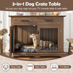 English Elm 44.48" Wooden Dog Crate End Table with Drawers Rotating Bowls Farmhouse Pet Kennel Brown N704P379112D
