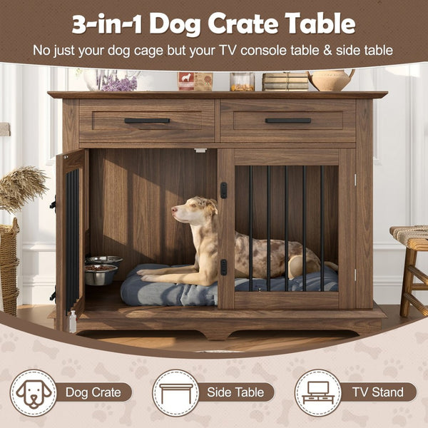 English Elm 44.48" Wooden Dog Crate End Table with Drawers Rotating Bowls Farmhouse Pet Kennel Brown N704P379112D