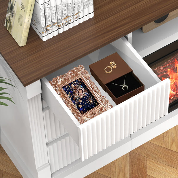 English Elm Modern 3-Sided Glass TV Stand with Electric Fireplace, LEDs, 4 Drawers, USB-C, Fits up to 80" W3383S00003