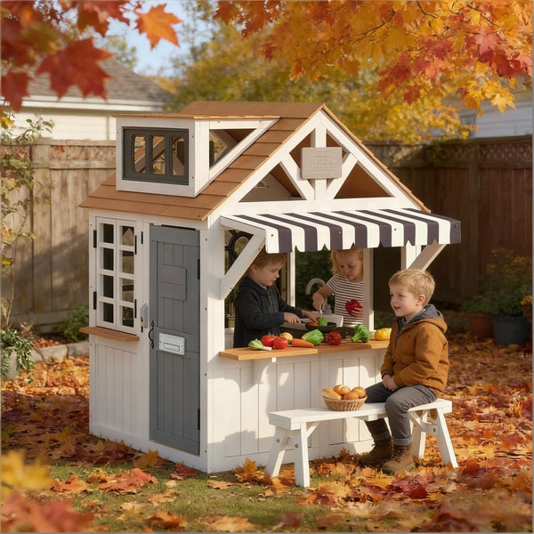 English Elm Comfortable Solid Fir Wood Outdoor Playhouse with Stove Blackboard and Doorbell T3971P491773