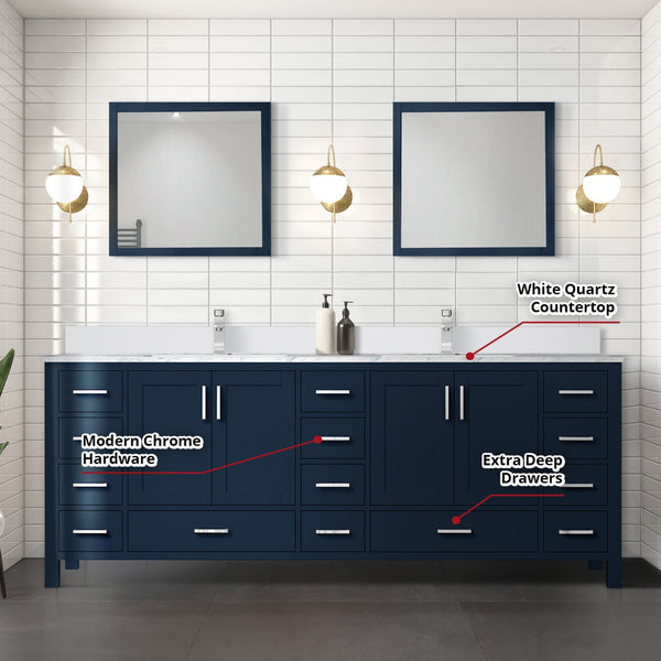 English Elm Navy Double Bath Vanity 84" W x 22" D with White Quartz Top, Chrome Faucet & 34" Mirrors, Durable Finish B2731S01068