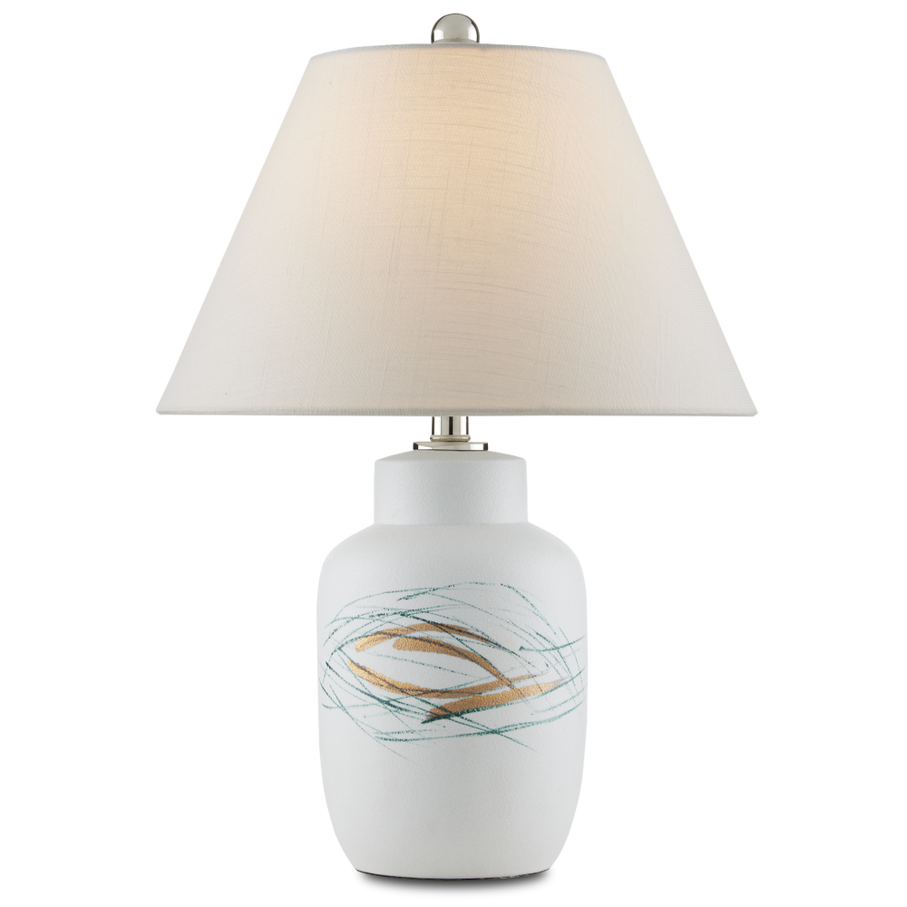 Oculus Hand-Painted Table Lamp - Contemporary Porcelain Design with Off-White Linen Shade & Crystal Finial