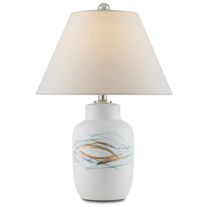 Oculus Hand-Painted Table Lamp - Contemporary Porcelain Design with Off-White Linen Shade & Crystal Finial
