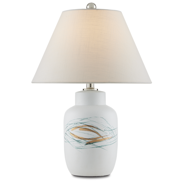 Oculus Hand-Painted Table Lamp - Contemporary Porcelain Design with Off-White Linen Shade & Crystal Finial