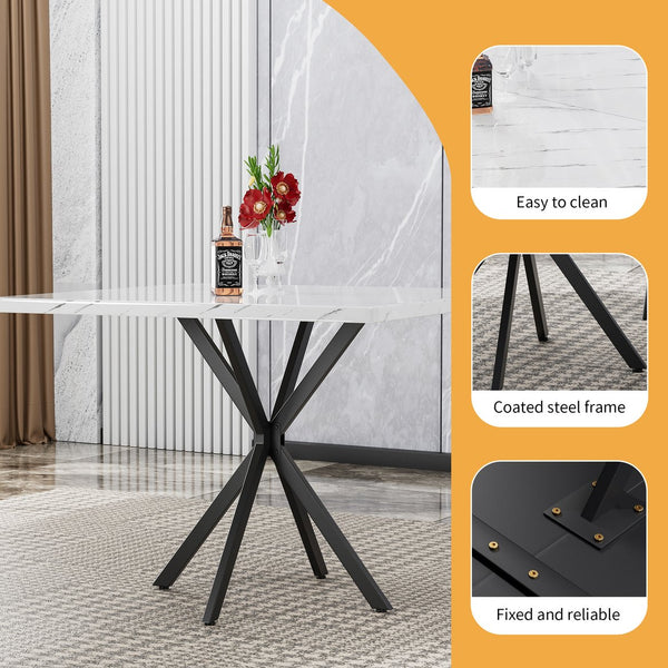 English Elm Square Mid Century Dining Table with Faux Marble Top, Waterproof Scratch-Resistant MDF Surface, Durable Iron Frame for Compact Kitchens and Stylish Small Dining Rooms White W578P242961