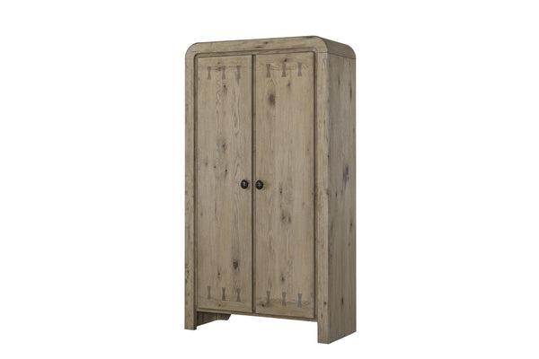 English Elm Armoire in English Knotty Oak Veneer - Solid Wood/MDF, Adjustable Shelves, 3 Drawers, Soft-Close Hinges B2699P409559