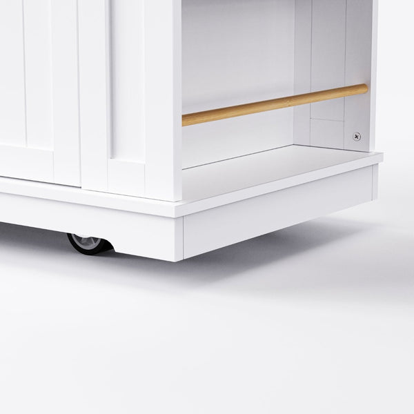 English Elm K&k 53 Inch Rolling Kitchen Island with Drop Leaf Power Outlet and Open Storage Racks White N707S185531W