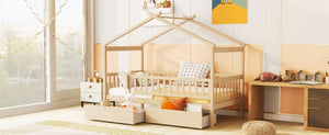 English Elm Twin House Bed Pine Wood Frame with Storage Drawers Kids Bedroom Playful Design Natural WF302181AAN