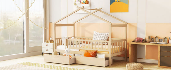 English Elm Twin House Bed Pine Wood Frame with Storage Drawers Kids Bedroom Playful Design Natural WF302181AAN