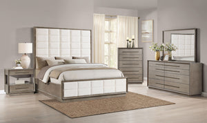 English Elm Prescott Upholstered California King Bed Tall Grid Tufted Headboard Taupe Oak Frame B062S01783