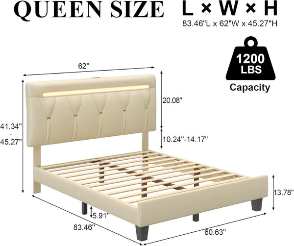English Elm Queen Bed Frame With Led Lighting, Charging Station & Adjustable Headboard - Stylish & Noise-Free! T3825P369948-GIGA