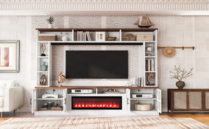 English Elm U-can Modern Farmhouse Wall Unit with Electric Fireplace Bookshelves and Glass Cabinet Doors White+Walnut SJ000153AAK