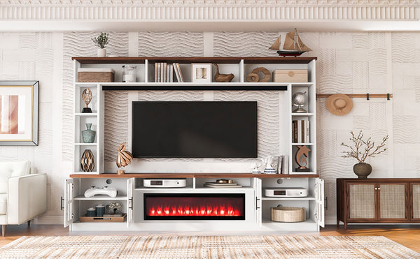 English Elm U-can Modern Farmhouse Wall Unit with Electric Fireplace Bookshelves and Glass Cabinet Doors White+Walnut SJ000153AAK