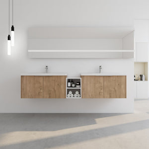 English Elm 84 Inch Wall Mounted Vanity with Dual Resin Sinks, Soft Close Doors, Metal Handles, Ample Storage Space Imitative Oak W999S00190