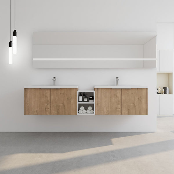 English Elm 84 Inch Wall Mounted Vanity with Dual Resin Sinks, Soft Close Doors, Metal Handles, Ample Storage Space Imitative Oak W999S00190