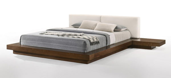 VIG Furniture Tokyo Contemporary Platform Frame With White Upholstered Headboard, Low-Profile Slat Support System Walnut Bed VGMABR-90-WAL-WHT-Q