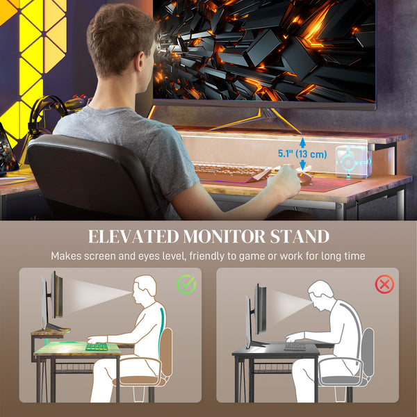 English Elm HOMCOM LED L-Shaped Desk with USB & Power Outlets, Monitor Stand, Shelves, Remote Lighting Ambience Rustic Brown W2225P217260