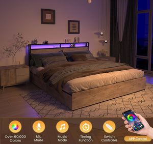 English Elm King Storage Bed with Led Lighting Charging Station Four Drawers Metal Slat Frame W2129P210693