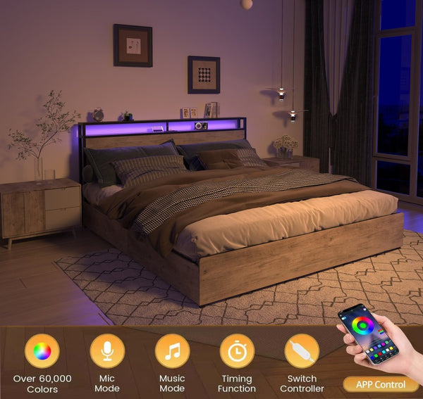 English Elm King Storage Bed with Led Lighting Charging Station Four Drawers Metal Slat Frame W2129P210693
