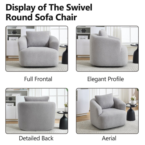 English Elm 360° Swivel Barrel Chair Teddy Fleece Upholstery with Pillow for Bedroom Reading Nook Light Gray W1803P363036