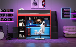 English Elm Gaming Twin Loft Bed with Led Desk Storage Locker and Bold Black Red Finish N709P004102J