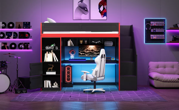 English Elm Gaming Twin Loft Bed with Led Desk Storage Locker and Bold Black Red Finish N709P004102J