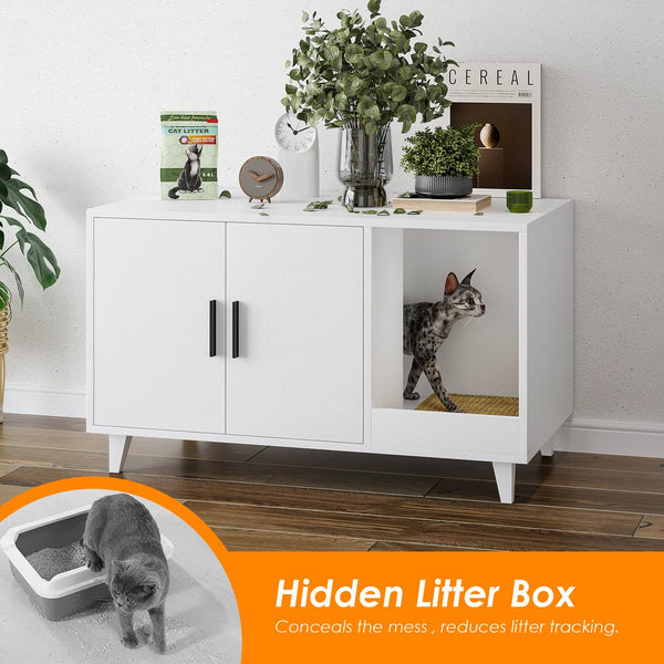 English Elm STARY Hidden Cat Litter Box Enclosure Furniture with Scratch Pad, Odor-Control, Sturdy 120LB Load White T3623P339383
