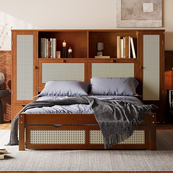 English Elm Twin Multifunctional Bed with Rattan Headboard Storage, Drawer & Shelves — Space-Saving Pine Design Walnut 50.4 L x 19.8 W x 5.5 H N733S241280D