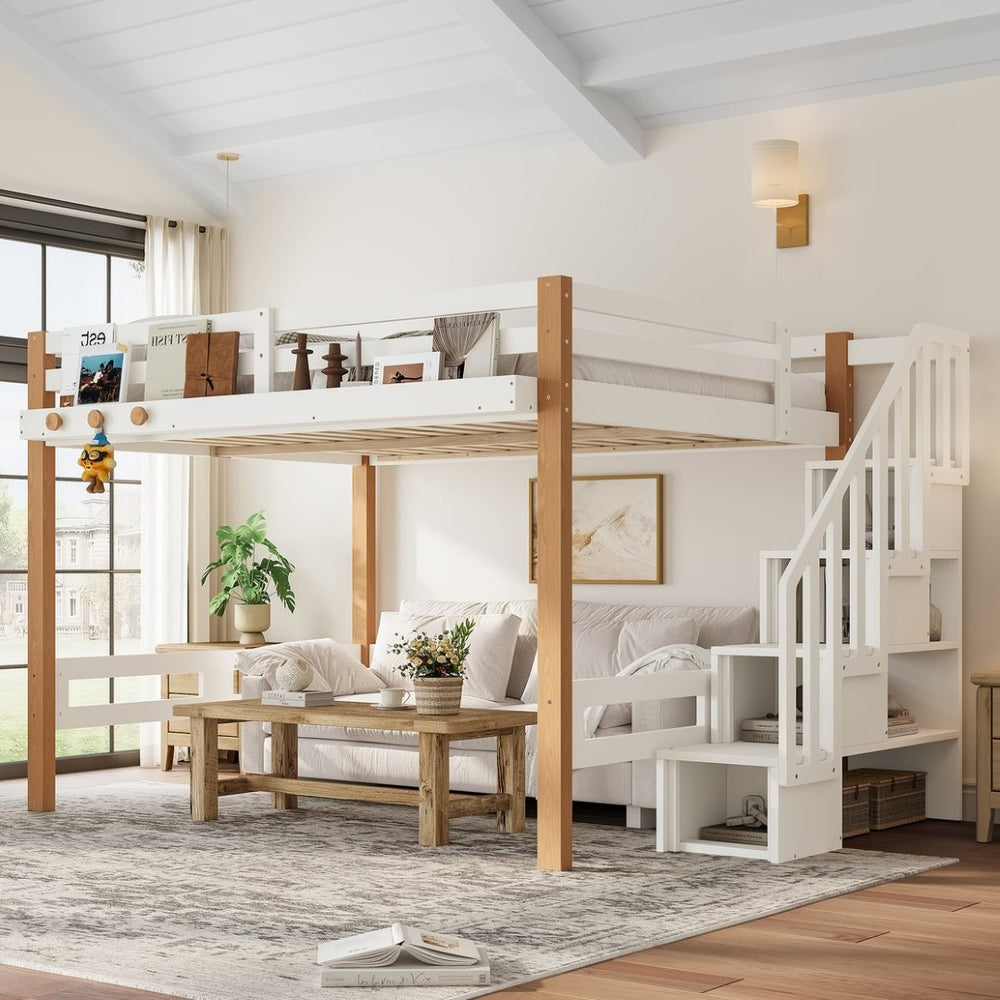 English Elm Twin Pine Wood Loft Bed with Built-in Shelving and Hook for Kids Bedroom W5305S00011