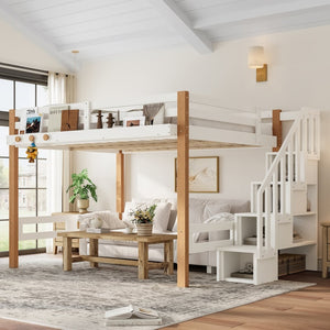 English Elm Twin Pine Wood Loft Bed with Built-in Shelving and Hook for Kids Bedroom W5305S00011