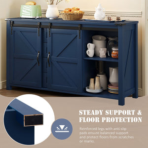 English Elm U-style Farmhouse Sideboard Barn Door Buffet with Drawers Built-in Outlet Dining Navy Blue N711P347377V