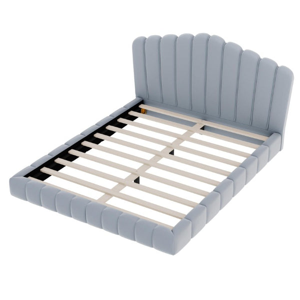 Light Blue Velvet Tufted Queen Platform Bed Solid Wood Frame Bedroom Elegance