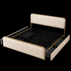 Gold Linen Upholstered King Bed with Glamorous Metal Frame for Luxury Bedrooms