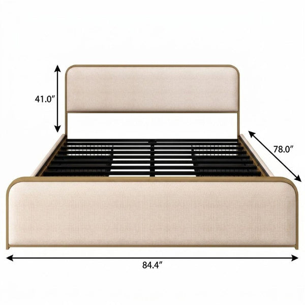 Gold Linen Upholstered King Bed with Glamorous Metal Frame for Luxury Bedrooms